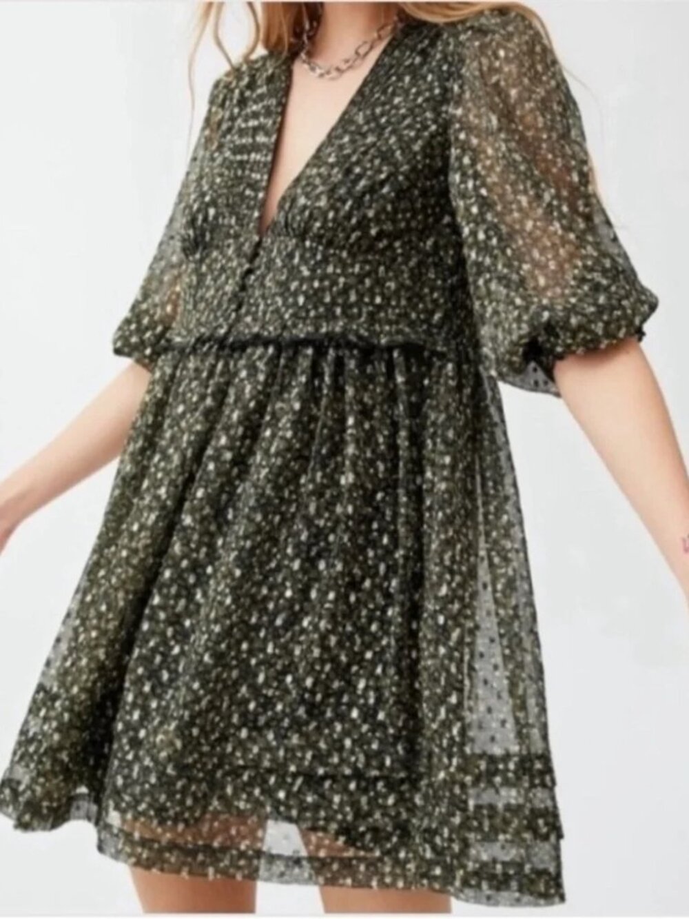 URBAN OUTFITTERS Green Black Chiffon Mini Dress, Size S